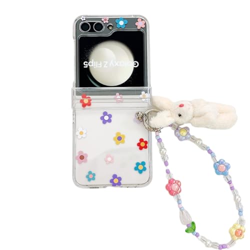 eglixu Schutzhülle für Samsung Galaxy Z Flip 5, schönes Blumen-Muster-Design, stoßfeste Handy-Schutzhülle mit Kawaii-Plüsch-Häschen-Blumen-Armband von eglixu