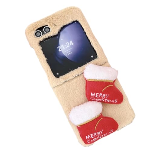 eglixu Schutzhülle für Samsung Galaxy Z Flip 5 (Version 2023), Cartoon-Weihnachtsstrumpf-Design, niedlich, lustig, flauschig, weich, Beige von eglixu