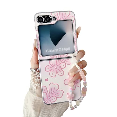 eglixu Schutzhülle für Samsung Galaxy Z Flip 6, niedliches Cartoon-Leder, rosa Blume, Liebe, ultradünn, stoßfest, für Mädchen und Frauen (mit Kette) von eglixu
