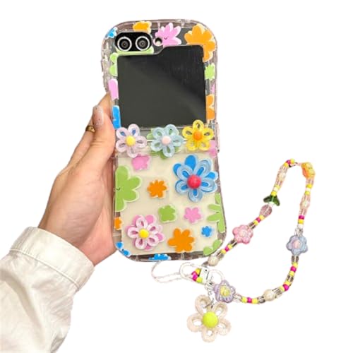 eglixu Schutzhülle für Samsung Galaxy Z Flip 6/5, buntes 3D-Blumendesign, lustig, niedlich, kreativ, transparente Handyhülle mit Perlen-Handgelenkkette für Damen, Mädchen, Damen (Z Flip 6,A) von eglixu