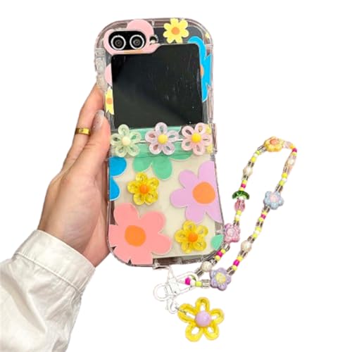 eglixu Schutzhülle für Samsung Galaxy Z Flip 6/5, buntes 3D-Blumendesign, lustig, niedlich, kreativ, transparente Handyhülle mit Perlen-Handgelenkkette für Damen, Mädchen, Damen (Z Flip 6,B) von eglixu