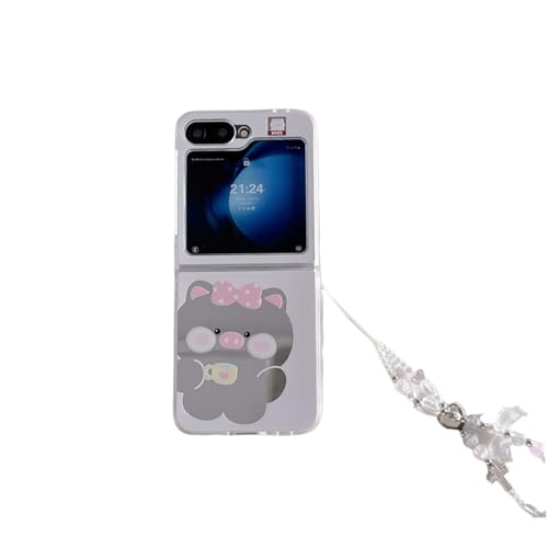 eglixu Spiegel-Schutzhülle für Samsung Galaxy Z Flip 6, niedliches Cartoon-Tiermuster, Galaxy Z Flip 5, Handy-Schutzhülle mit Perlen-Handgelenkkette für Mädchen und Jungen (Z Flip 6, Schwein) von eglixu