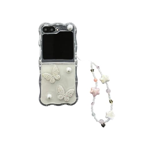 eglixu Transparente Schutzhülle für Samsung Galaxy Z Flip 5/6, niedliches 3D-Perlen-Schmetterlingsmuster-Design, weiches TPU, Galaxy Z Flip6 mit Handgelenkkette für Mädchen (Z Flip 5) von eglixu