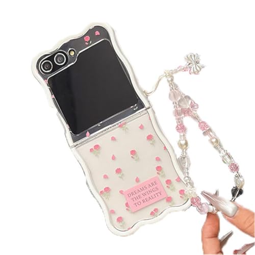 eglixu Weiche Schutzhülle für Samsung Galaxy Z Flip 5/6, niedliches schönes Blumenmuster, faltbare Schutzhülle mit Handgelenkkette für Mädchen und Frauen (Z Flip 6, rosa Rose) von eglixu