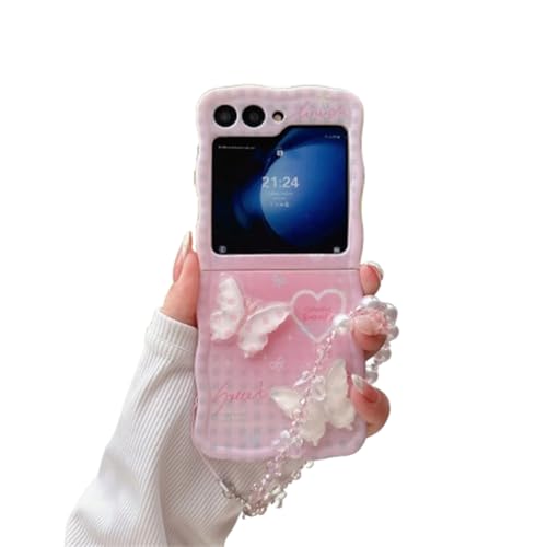 eglixu Wellen-Schutzhülle für Samsung Galaxy Z Flip 6 (2024), niedlicher schöner 3D-Schmetterling, Handy-Schutzhülle für Galaxy Z Flip 5 (2023), mit Perlen-Handgelenkkette für Damen und Mädchen (Z von eglixu