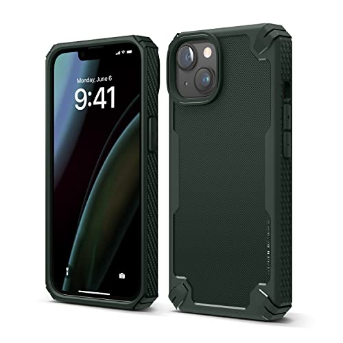 elago Armor Hülle Kompatibel mit iPhone 14 Hülle (6.1"), Fallschutz nach US-Militärstandard, Strapazierfähige Schutzhülle, Kohlefaserstruktur, Robustes Design, Stoßfestes Bumper Gehäuse (Dunkelgrün) von elago