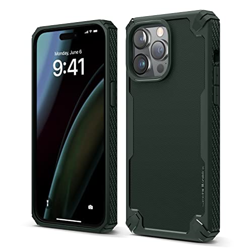 elago Armor Hülle Kompatibel mit iPhone 14 Pro Max Hülle (6.7"), Fallschutz nach US-Militärstandard, Strapazierfähige Schutzhülle, Kohlefaserstruktur, Robustes Design, Stoßfestes Gehäuse (Dunkelgrün) von elago