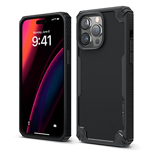 elago Armor Hülle Kompatibel mit iPhone 14 Pro Max Hülle (6.7"), Fallschutz nach US-Militärstandard, Strapazierfähige Schutzhülle, Kohlefaserstruktur, Robustes Design, Stoßfestes Gehäuse (Schwarz) von elago