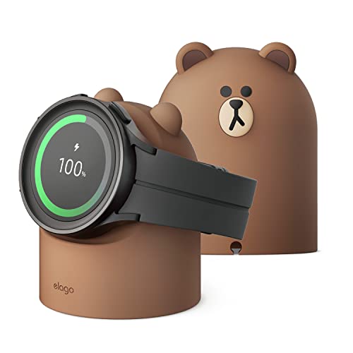 elago Line Friends Ladeständer kompatibel mit Samsung Galaxy Watch 7 (40/44 mm), 7 Ultra, 6 Serie und 5 Serien, Nachtstandmodus, Kabelmanagement [Ladekabel Nicht im Lieferumfang enthalten] (Brown) von elago