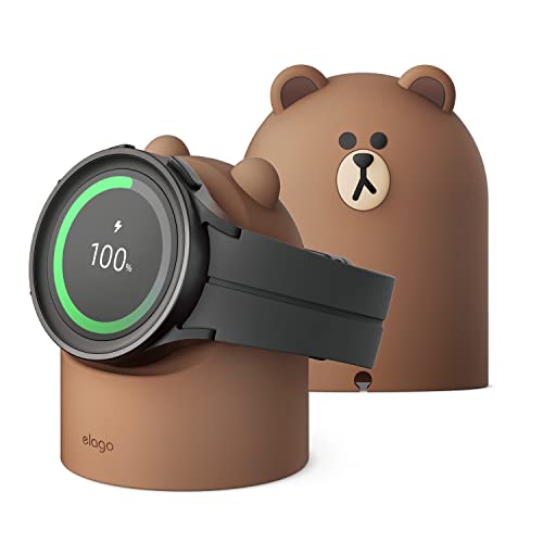 elago | LINE Friends Ladestation Kompatibel mit Samsung Galaxy Watch 6/6 Classic / 5/5 Pro [40, 43, 44, 45, 47mm] Ladegerät, Nachttischmodus, Kabelmanagement [Kabel Nicht im Enthalten] (Brown) von elago