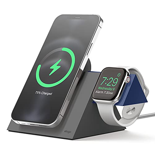 elago MS5 Duo Ladestation Kompatibel mit MagSafe Ladegerät,Kompatibel mit iPhone 16, 15, 14, 13, 12 Serie, Kompatibel mit Apple Watch Allen Serie [Ladegerät Nicht enthalten] (Dunkelgrau/Jean Indigo) von elago