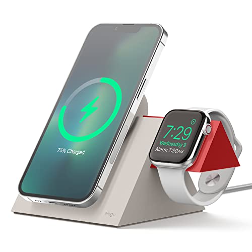 elago MS5 Duo Ladestation Kompatibel mit MagSafe Ladegerät,Kompatibel mit iPhone 16, 15, 14, 13, 12 Serie, Kompatibel mit Apple Watch Allen Serie [Ladegerät Nicht enthalten] (Taupe/Rot) von elago