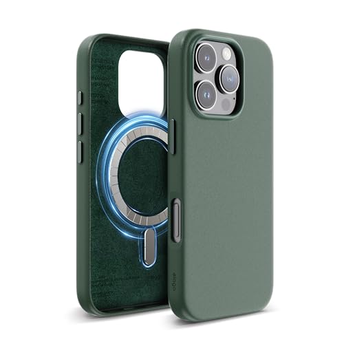 elago Magnetisch Leder Hülle Kompatibel mit iPhone 16 Pro Hülle 6,3 Zoll, Kompatibel mit Allen MagSafe Zubehör, Eingebaute Magnete, Veganes Leder, Stöße, Wasserfest (Nachtgrün) von elago