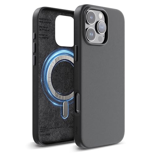 elago Magnetisch Leder Hülle Kompatibel mit iPhone 16 Pro Max Hülle 6,9 Zoll, Kompatibel mit Allen MagSafe Zubehör, Eingebaute Magnete, Veganes Leder, Stöße, Wasserfest (Schwarz) von elago