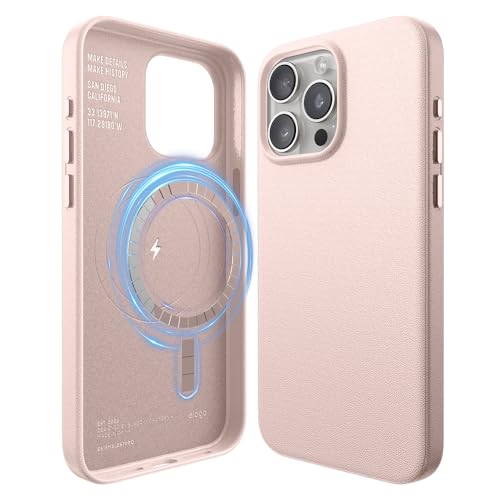 elago Magnetische Lederhülle Kompatibel mit iPhone 15 Pro Max Hülle, Kompatibel mit MagSafe, Premium Veganes PU-Leder, Integrierte Starke Magnete, Rundumschutz [5-Lagen-Struktur] (Lovely Rosa) von elago