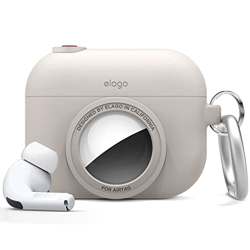 elago Schutzhülle für AirPods Pro, kompatibel mit AirTag, Klassische Kameratasche, Schlüsselanhänger inklusive [Tracking-Gerät Nicht im Lieferumfang enthalten] (Stone) von elago