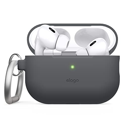 elago Silikonhülle Kompatibel mit Apple AirPods Pro 2. Generation Case, Schutzhülle mit Schlüsselanhänger, Sichtbare Front-LED, Unterstützt Drahtloses Aufladen (Dunkelgrau) von elago