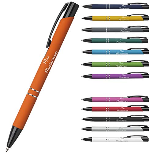 elasto Premium Qualität - Personalisierter Kugelschreiber mit Gravur | Stift mit Name Einzeilig oder Zweizeilig Tolles Oster Geschenk (Orange-Gummiert) von elasto