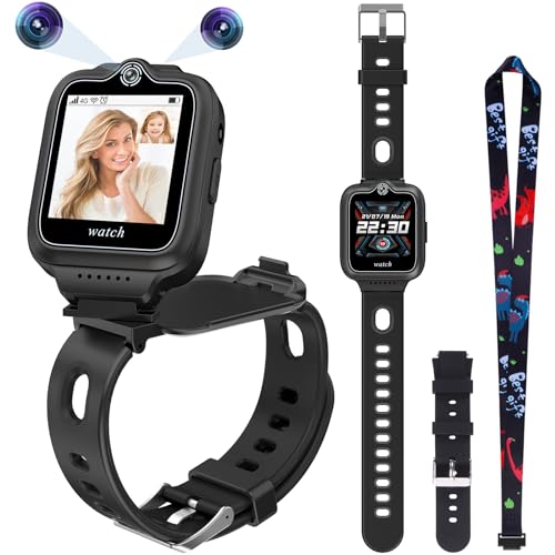 ele ELEOPTION 4G GPS Kinder Smartwatch Telefon wasserdichte Smart Watch für Jungen und Mädchen, 2-Wege-Anruf, Sprach- und Video-Chat, Kamera, SOS, Musik-Video-Player, Alarm (Schwarz) von ele ELEOPTION