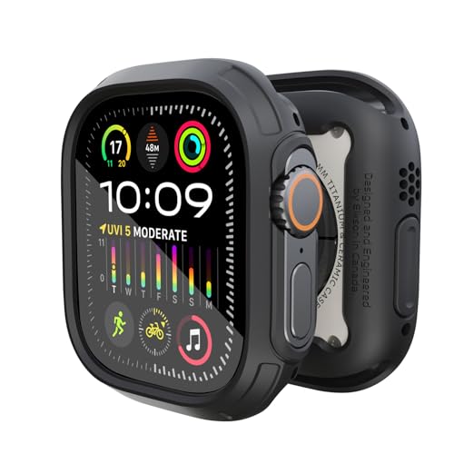 Elkson Kompatibles Apple Watch Ultra Bumper Case & Displayschutzfolie Kit 49 mm Quattro Max Serie Robuste, stoßfeste Schutzhülle mit gehärtetem Glas für die iWatch, Schwarz von elkson