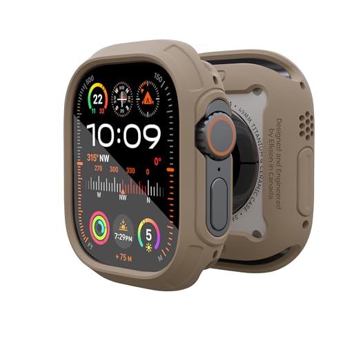 elkson Kompatibel mit Apple Watch Ultra Bumper Case 49 mm Displayschutzfolie aus gehärtetem Glas, Quattro Max Series Rugged für iWatch, Militärqualität, langlebige Schutzhülle, stoßfest, Hellbraun von elkson