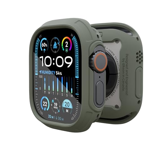 elkson Kompatibel mit Apple Watch Ultra Bumper Case 49 mm Displayschutzfolie aus gehärtetem Glas, Quattro Max Series Rugged für iWatch, Militärqualität, langlebige Schutzhülle, stoßfest, Grün von elkson