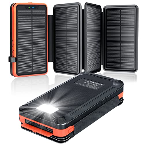 Solar Powerbank 26800mAh, elzle Solar Ladegerät mit 2 USB-A Ausgang & 1 USB-C Eingang, Outdoor Wasserfester Externer Akku mit 4 Solarpanels und Taschenlampe für Smartphones Tablets Camping von elzle