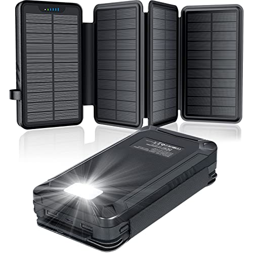 Solar Powerbank 26800mAh, elzle Solar Ladegerät mit 2 USB-A Ausgang & 1 USB-C Eingang, Outdoor Wasserfester Externer Akku mit 4 Solarpanels und Taschenlampe für Smartphones Tablets Camping von elzle