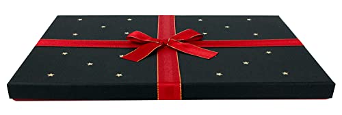 Emartbuy Robuste Geschenkbox, 36 x 25 x 2,2 cm, rote Box mit schwarzem Deckel mit Sternen, brauner Innenseite und rotem Dekoband von emartbuy