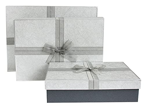 Emartbuy Set mit 3 stabilen Geschenkboxen, dunkelgraue Box mit silbernem Deckel, brauner Innenseite und grauem Stoffband von emartbuy