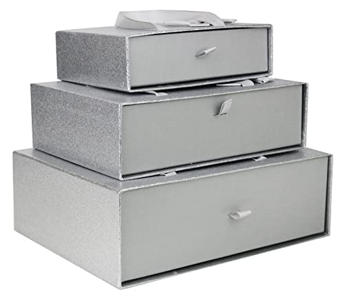 Emartbuy Set von 3 Starrer Luxus Rechteck Präsentation Geschenkbox, Metallisch Silber Box mit Kariertem Innenraum, Satin Schleife und Tragegriff von emartbuy