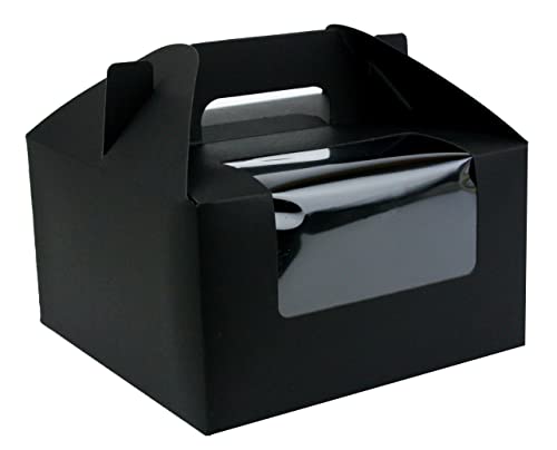 Emartbuy Starke Papier Stand Up Quadratische Geschenkbox Tüte, 16 x 16 x 9 cm, schwarze Krafttüte Box Cupcakes Cookies Muffin Pie Box mit Klarsichtfenster und Tragegriff - 24 Stück von emartbuy