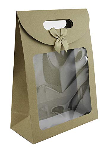 Emartbuy Starkes Papier Steh auf Quadratische Tasche, 26 cm x 19 cm x 9 cm, Braune Krafttasche mit Klarem Fenster und Bogen - Packung mit 12 Stück von emartbuy