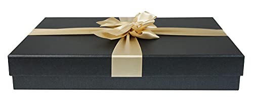 Emartbuy Starre Luxus Präsentierte Geschenkbox in Rechteckform, 30,5 x 23 x 5 cm Schwarz Strukturiert Box mit Deckel, Innenseite Bedruckt und Gold Beige Satin Zierband von emartbuy