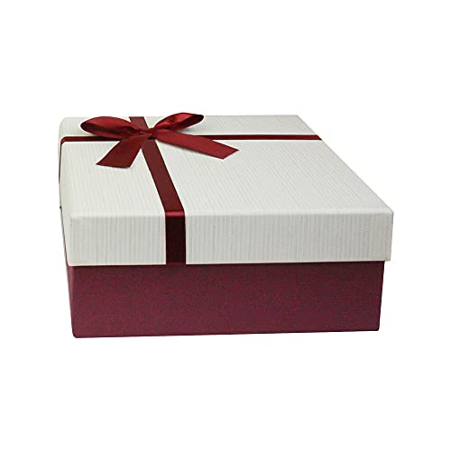 Emartbuy Starre Luxus Quadratische Präsentations-Geschenkbox, 26,5 cm × 26,5 cm × 11 cm, Strukturierte Burgunderkiste mit Creme Deckel, Schokoladenbrauner Innenraum und Satin Zierband von emartbuy