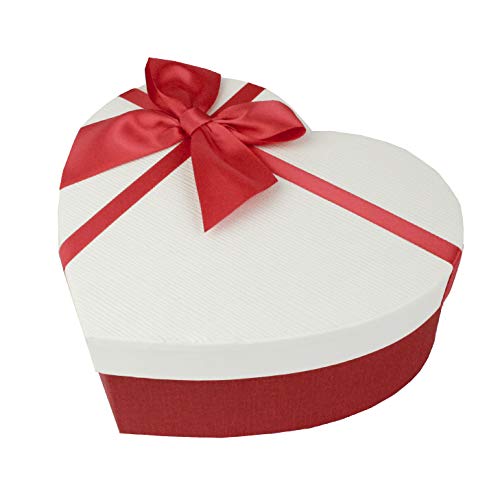 Emartbuy Starrer Luxus Herzförmige Präsentations-Geschenkbox, 19 x 17 x 7,5 cm, Strukturierter Roter Kasten mit Creme Deckel, Tupfen-Innenraum und Satin Schleifenband von emartbuy