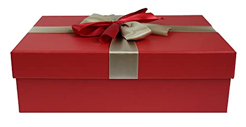 Emartbuy Starrer Luxus Rechteckige Präsentations-Geschenkbox, 38 cm x 27 cm x 10 cm, Himbeer Rot Box mit Deckel, Gedrucktes Interieur und Gold Rotes Satin-Dekoratives Band von emartbuy