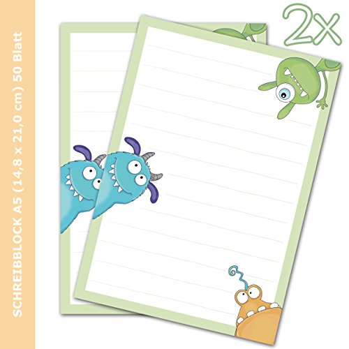 2 x Schreibblock MONSTER DIN A5 liniert 50 Blatt / für Briefe, Briefpapier mit kleinen Monstern / Briefpapier Kinder von emufarm