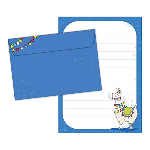 Block/Briefblock "ALMA das LAMA" DIN A5 (liniert 50 Blatt) inklusive 20 passenden Umschlägen/Briefpapier Set für Kinder mit Linien und niedlichem Motiv von emufarm