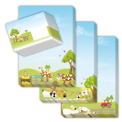 Briefpapier Set für Kinder BAUERNHOF DIN A4 mit 30 Blatt und 15 Umschlägen/niedliche Motive Kühe, Schafe, Ziegen (30 Blatt und 15 Umschläge) für Jungs und Mädchen von emufarm