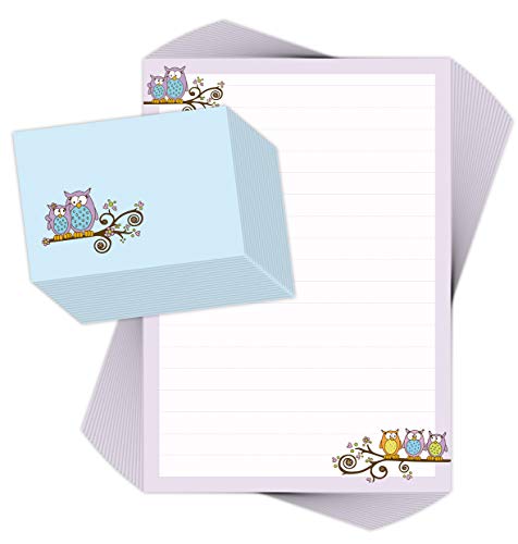 Briefpapier-Set für Kinder EULEN 20 Blatt DIN A4 mit Linien incl. 20 bedruckte Umschläge/Briefpapier für Kinder/Briefpapierset Kinder/Briefpapier Mädchen von emufarm