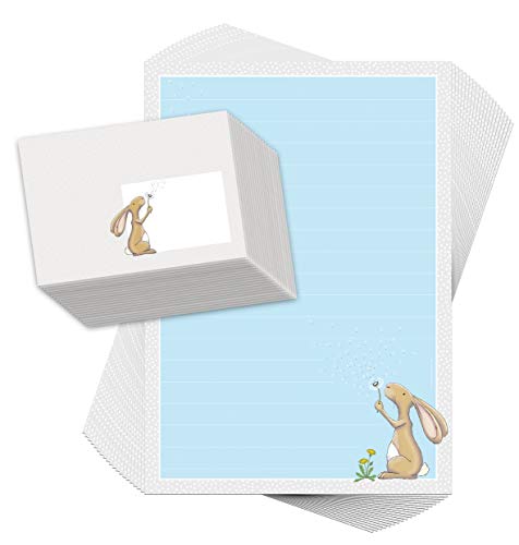 emufarm Briefpapier-Set für Kinder HASE HAMLET 20 Blatt DIN A4 liniert mit 20 bedruckten Umschlägen in Blau, Grau, Weiß von emufarm