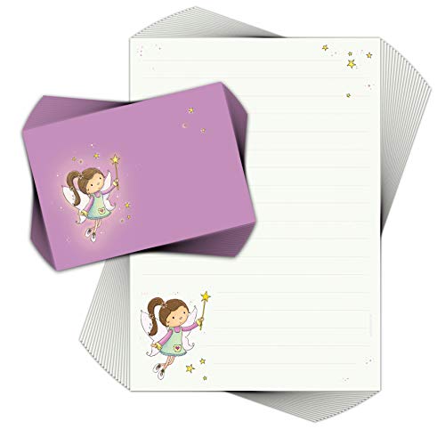 Briefpapier-Set für Kinder kleine Fee mit 20 Blatt DIN A4 mit Linien inkl. 20 bedruckte Umschläge/Briefpapier für Kinder/Briefpapierset Mädchen/Feen und Elfen von emufarm