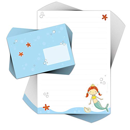 Briefpapier-Set für Mädchen MEERJUNGFRAU 20 Blatt DIN A4 mit Linien incl. 20 bedruckte Umschläge/Briefpapier für Kinder/Briefpapierset Mädchen von emufarm