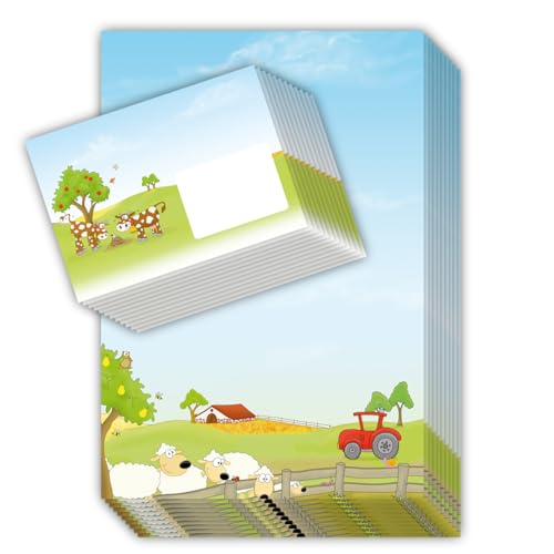Briefpapier für Kinder BAUERNHOF DIN A4 / niedliche Motive Kühe, Schafe, Ziegen (20 Blatt Briefpapier + 20 Umschläge "Schafe") von emufarm
