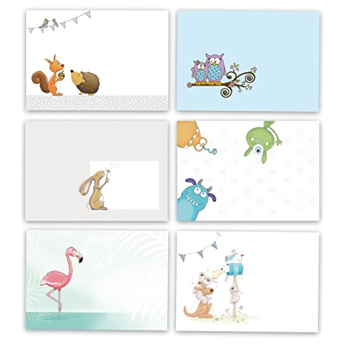 Briefumschlag - Set mit Motiv - 30 Briefumschläge (6 verschiedene Motive à 5 Stück) für Kinder/Hase Waldtiere Eulen Flamingo Post Monster von emufarm