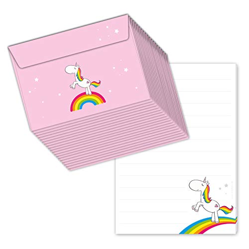 Schreibblock/Briefblock"REGENBOGEN EINHORN" DIN A5 (liniert 50 Blatt) inklusive 20 passenden Umschlägen/für Mädchen, Briefe, Briefpapier, Briefpapier Set für Kinder von emufarm