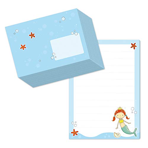 Schreibblock/Briefblock-Set MEERJUNGFRAU DIN A5 (liniert 50 Blatt) inklusive 20 passenden Umschlägen/Briefpapier für Kinder/Briefpapier Set Mädchen/Briefpapier mit Linien von emufarm