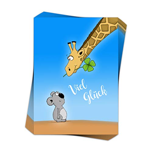 emufarm 10 Grußkarten VIEL GLÜCK im Format DIN A6 / niedliche Postkarte mit Koala und Giraffe, Glückwunschkarten Glück (10) von emufarm