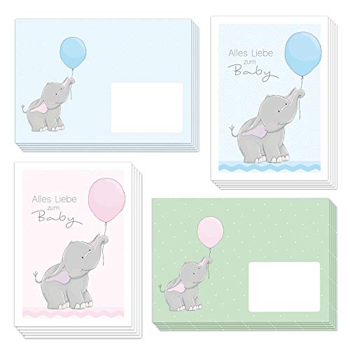 emufarm 10 niedliche Glückwunschkarten zur Geburt ELLY ELEFANT DIN A6 inklusive 10 Briefumschlägen (5 in rosa und 5 in hellblau) - alles Liebe zum Baby (10 Karten und 10 Umschläge) von emufarm